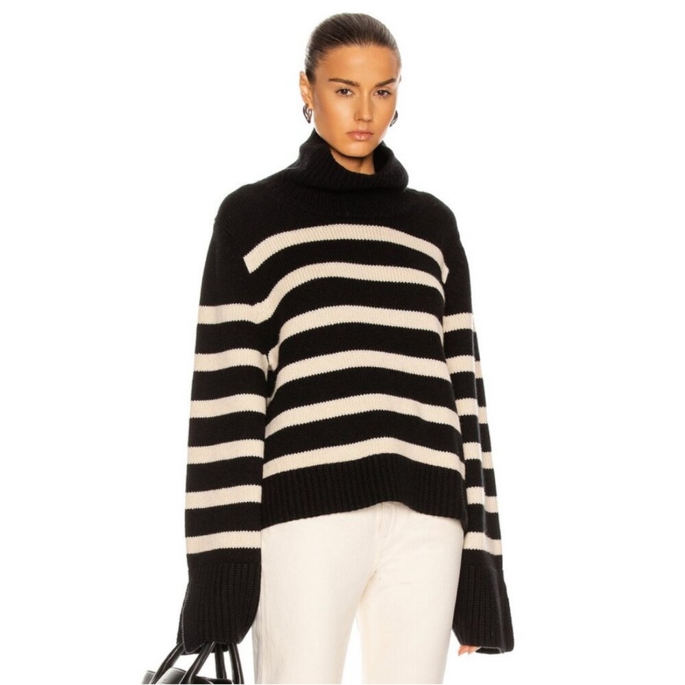 KHAITE Marion striped Black and White Turtleneck Sweater cashmere sz small